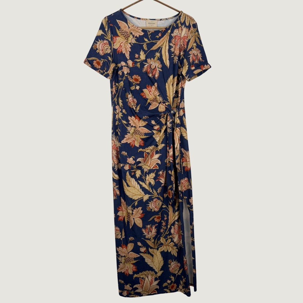 Sezane Pippa Never Ending Blue Botanical Side Knot Maxi Dress Short Sleeve Sz M
